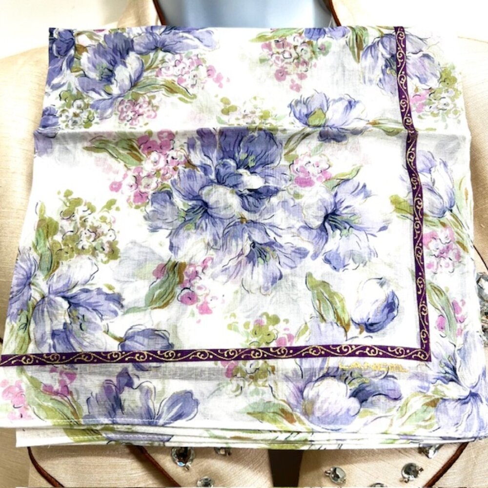 New  Lancel Mini Scarf/Handkerchief 18" cotton, pink purple Floral, logo (92)
